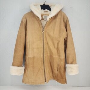 St Johns Bay Small | Tan Washable Suede Faux Fur Lined Hooded Coat Jacket Womens